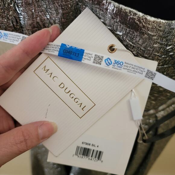 Mac Duggal 67906 Silver 4 One Shoulder Brocade Bow Midi Dress Evening Metallic - Picture 4 of 10